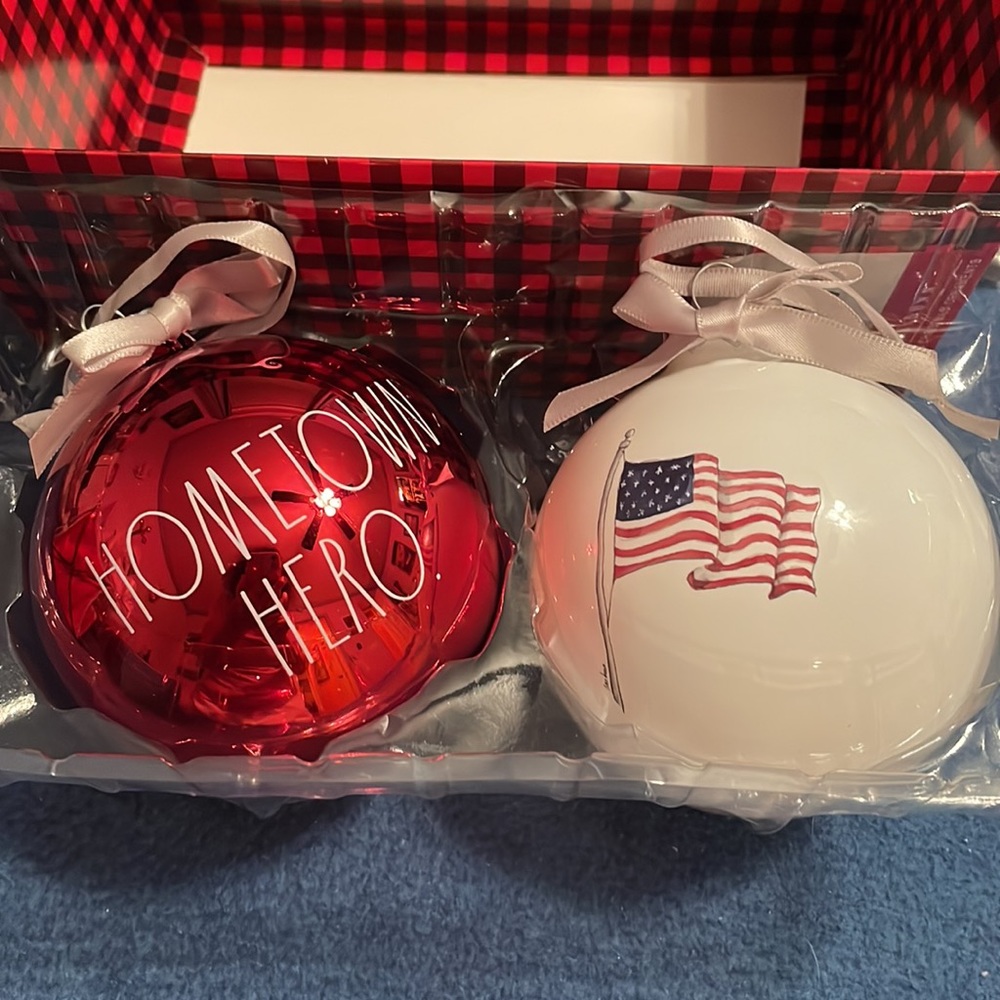 New set of 2 .Rae Dunn “Hometown Hero and America Flag, large size Ornaments